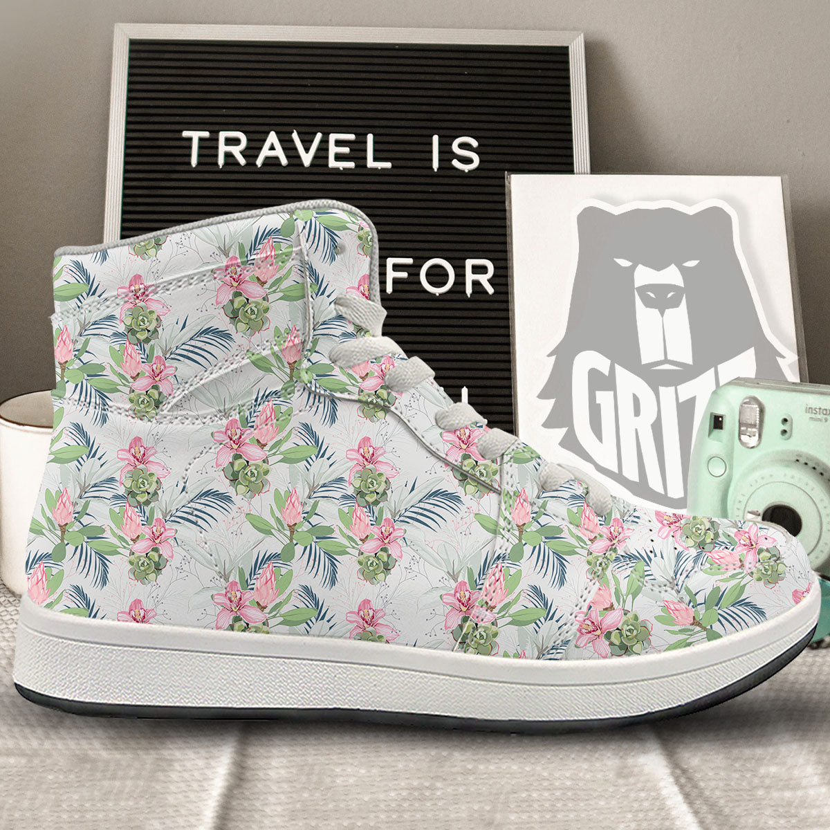 Protea Pink Print Pattern High Top Sneakers-grizzshop