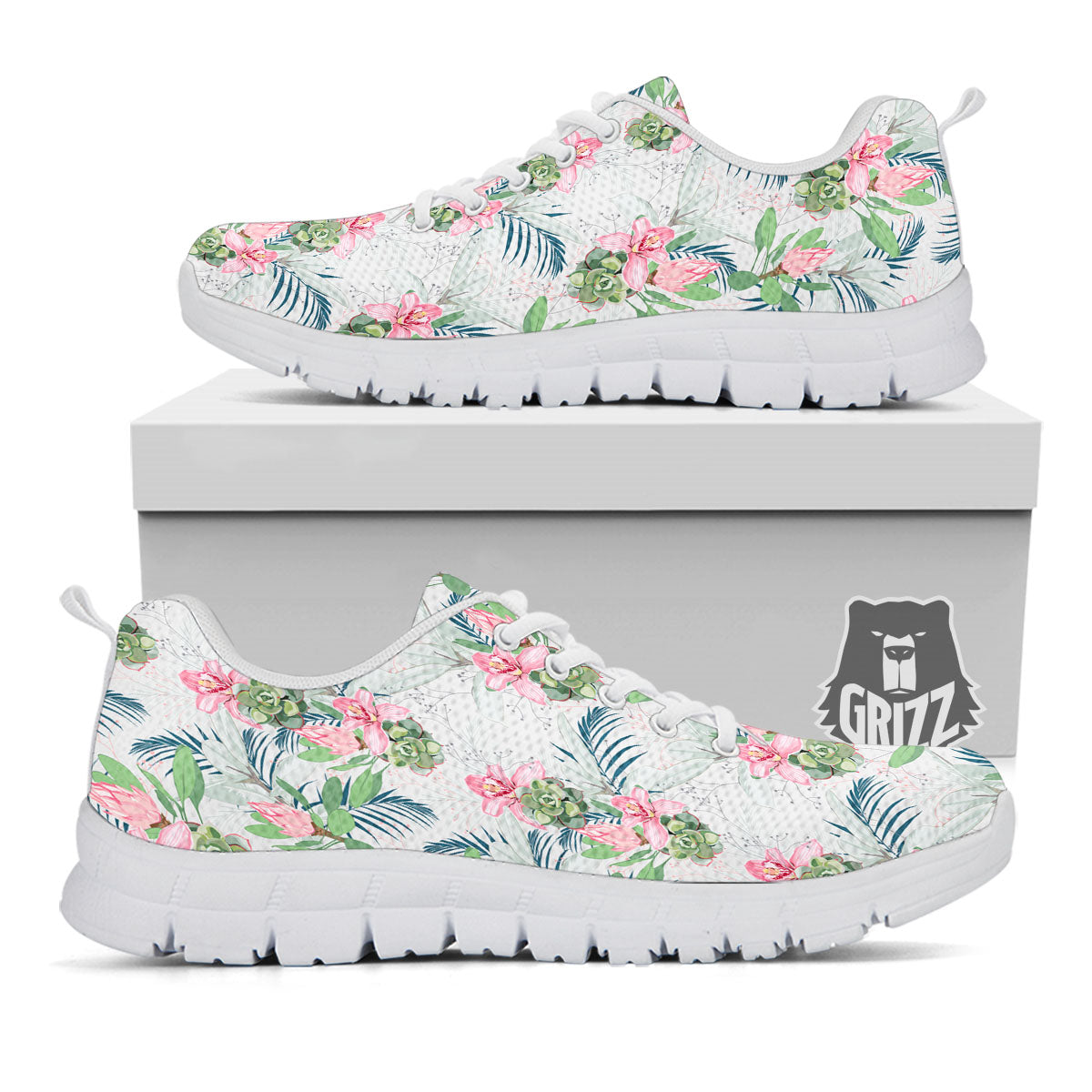 Protea Pink Print Pattern White Sneaker-grizzshop