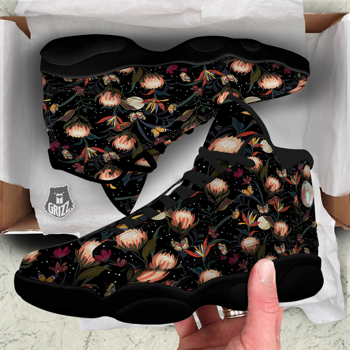 Protea Watercolor Print Pattern Black Basketball Shoes-grizzshop