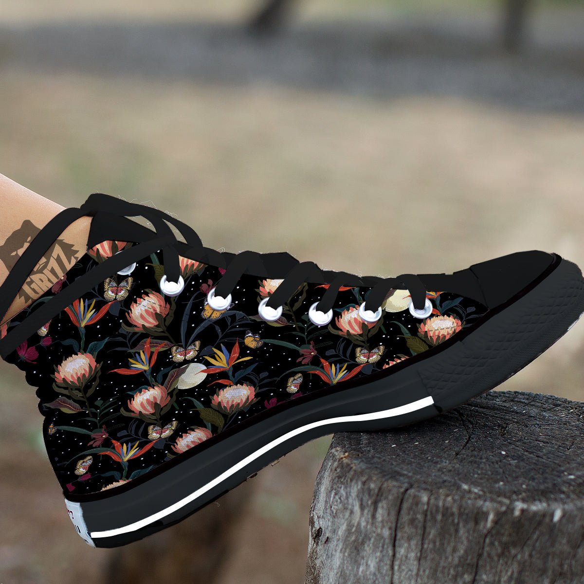 Protea Watercolor Print Pattern Black High Top Shoes-grizzshop