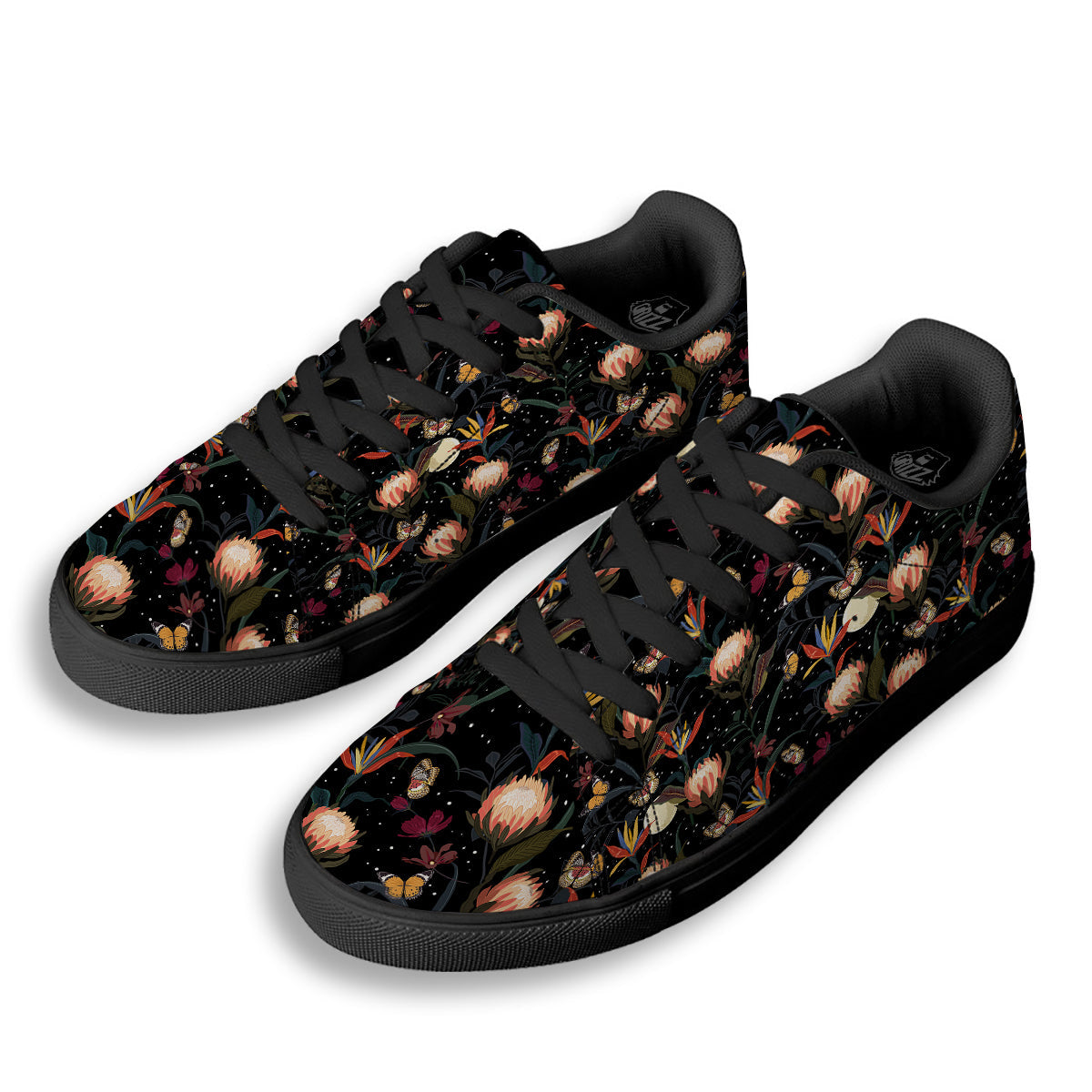 Protea Watercolor Print Pattern Black Low Top Sneakers-grizzshop