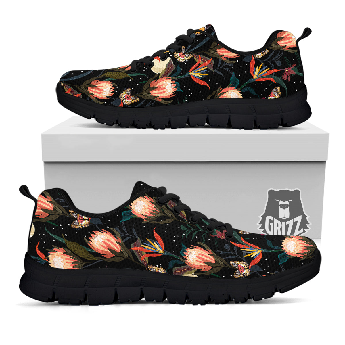 Protea Watercolor Print Pattern Black Sneaker-grizzshop