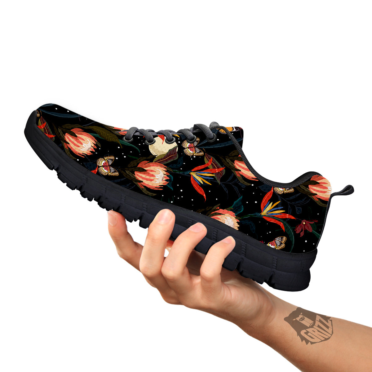 Protea Watercolor Print Pattern Black Sneaker-grizzshop