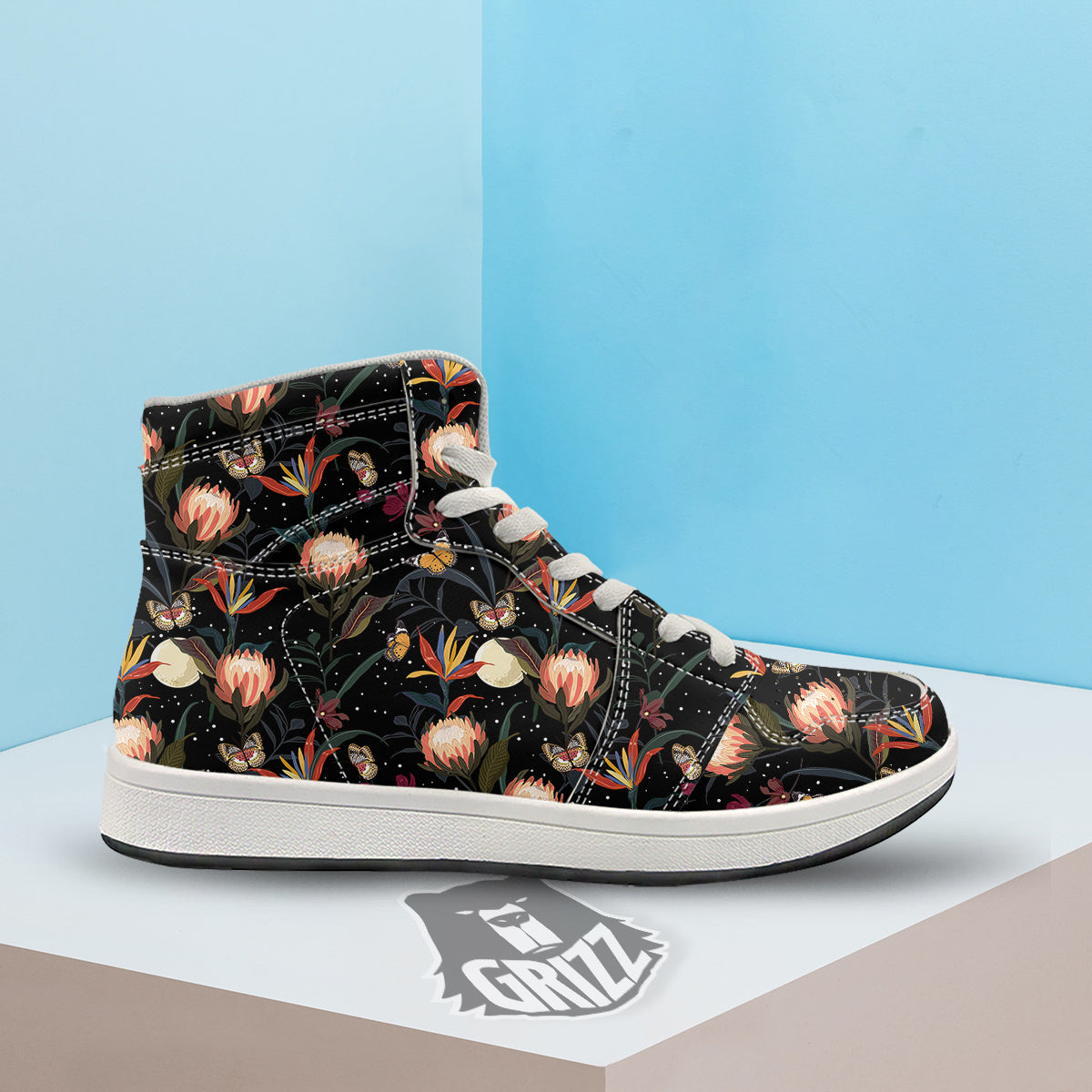 Protea Watercolor Print Pattern High Top Sneakers-grizzshop