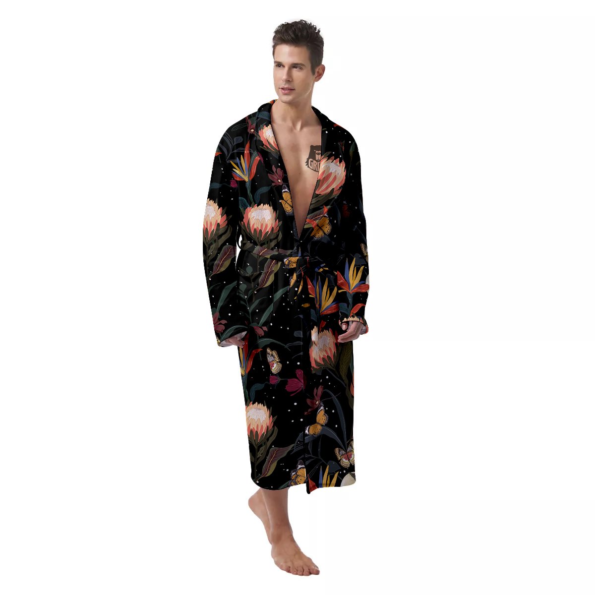 Protea Watercolor Print Pattern Men's Robe-grizzshop