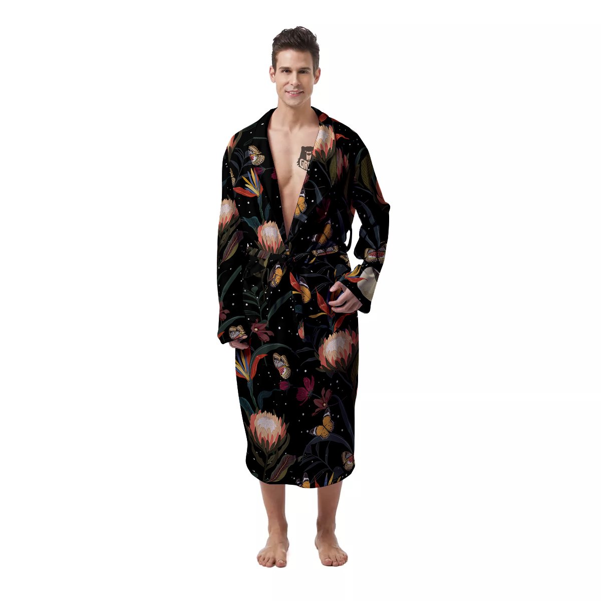 Protea Watercolor Print Pattern Men's Robe-grizzshop