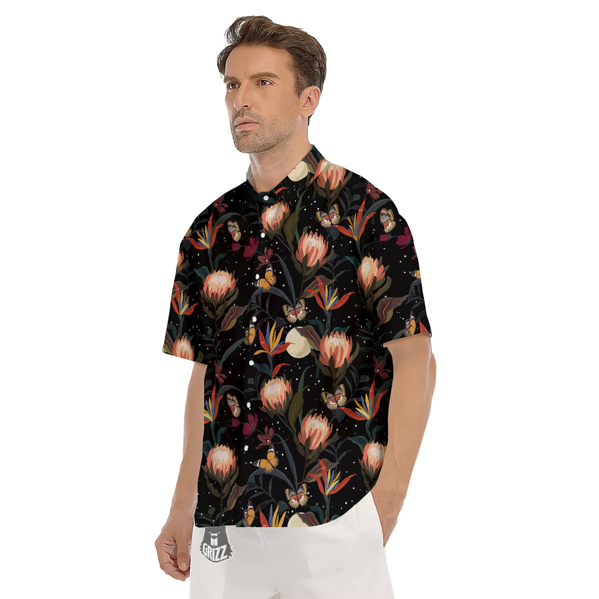 Protea Watercolor Print Pattern Men's Short Sleeve Shirts-grizzshop