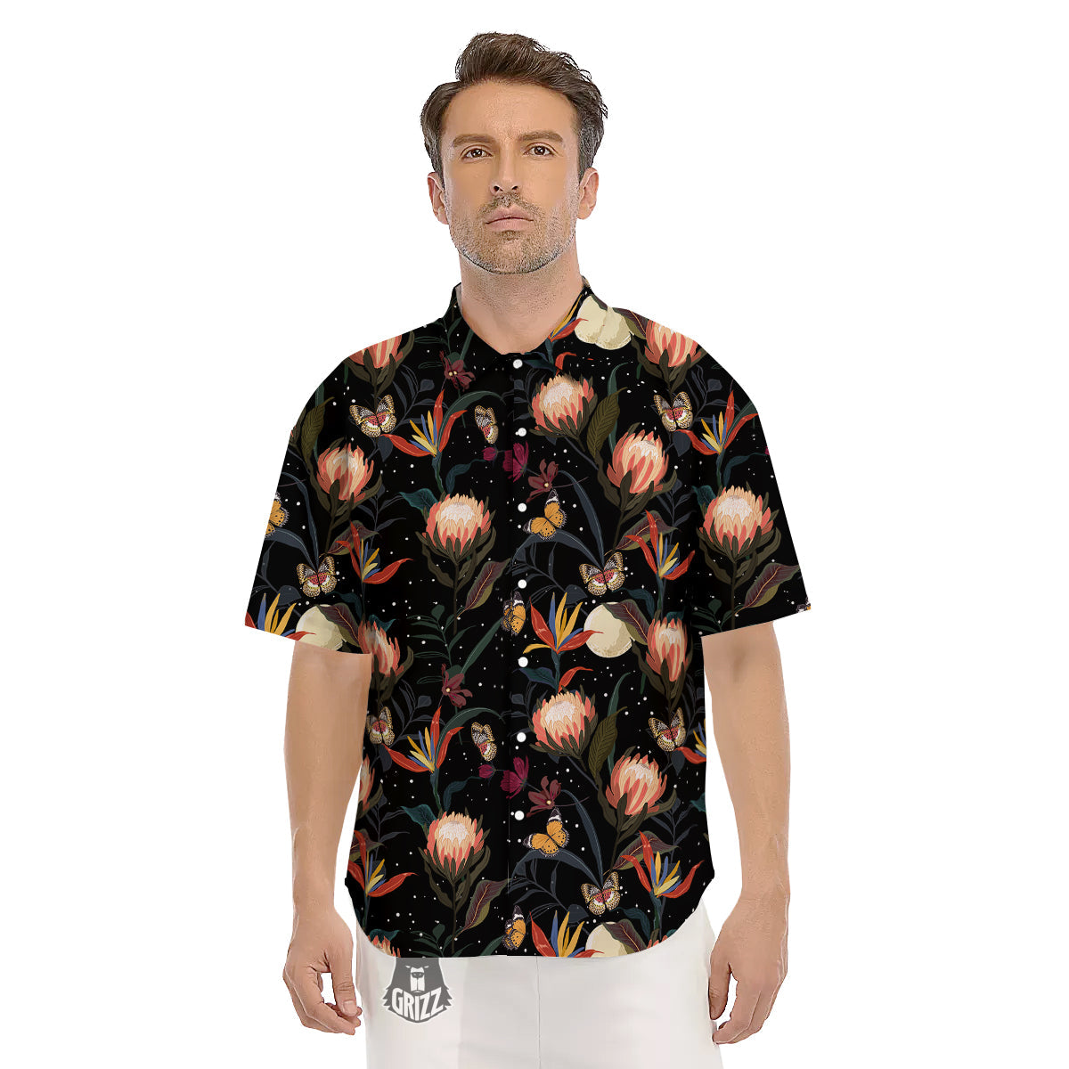 Protea Watercolor Print Pattern Men's Short Sleeve Shirts-grizzshop
