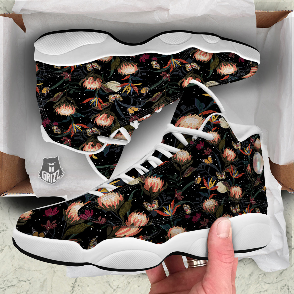 Protea Watercolor Print Pattern White Basketball Shoes-grizzshop