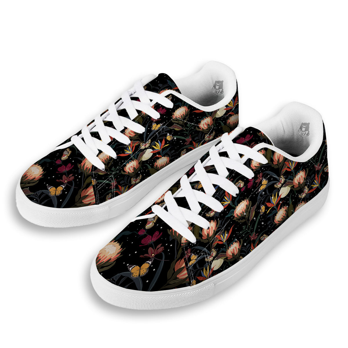 Protea Watercolor Print Pattern White Low Top Sneakers-grizzshop
