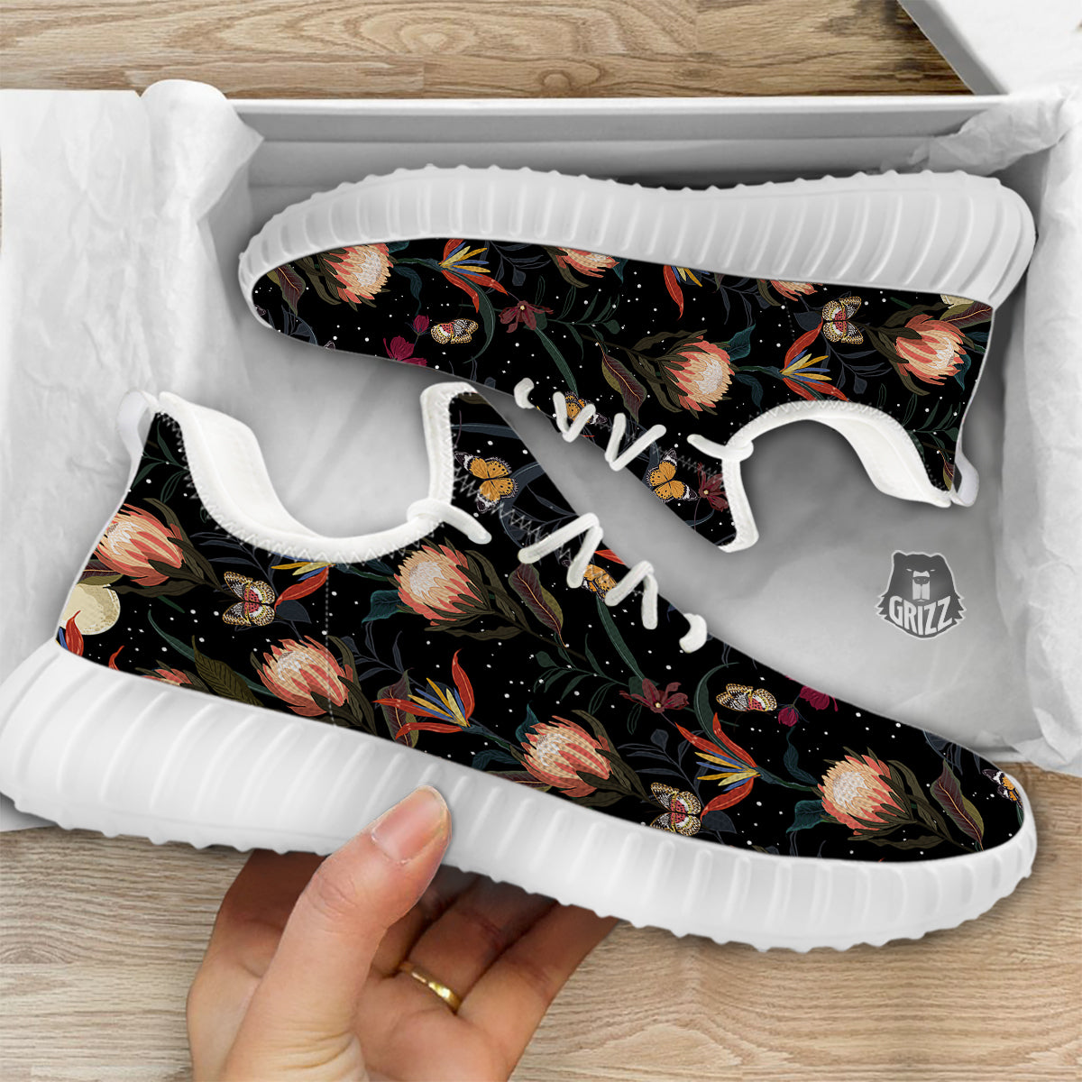 Protea Watercolor Print Pattern White Walking Shoes-grizzshop
