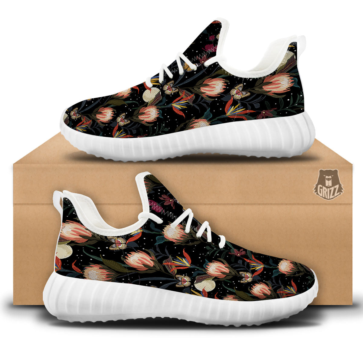 Protea Watercolor Print Pattern White Walking Shoes-grizzshop