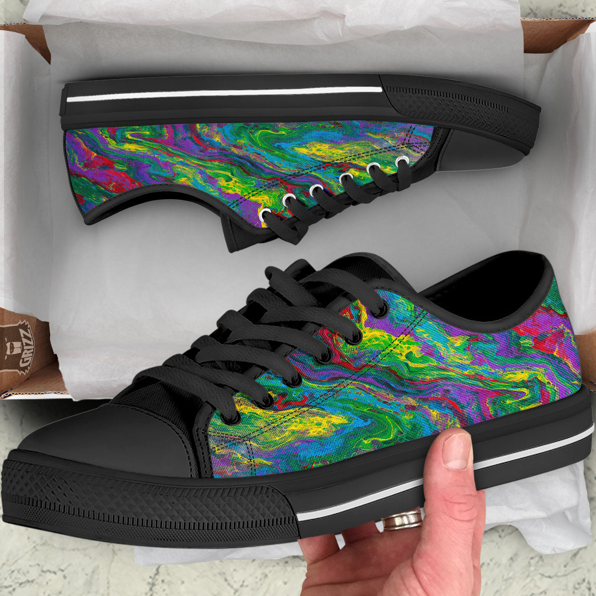 Psychedelic Abstract Print Black Low Top Shoes-grizzshop
