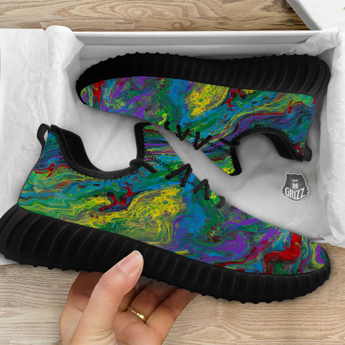 Psychedelic Abstract Print Black Walking Shoes-grizzshop