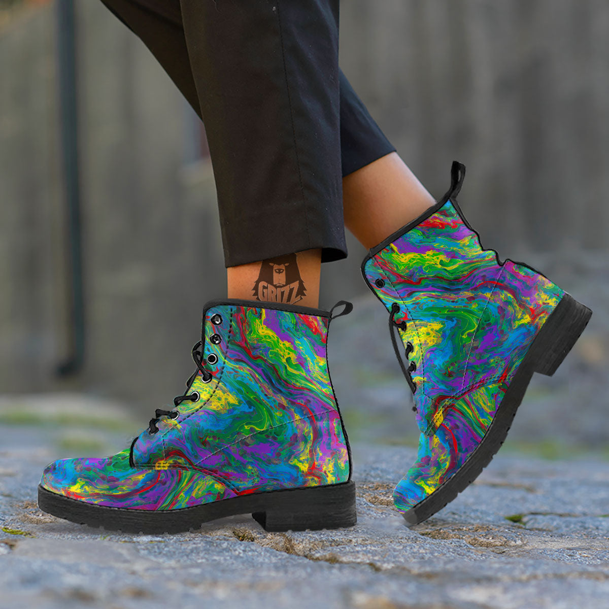 Psychedelic Abstract Print Leather Boots-grizzshop
