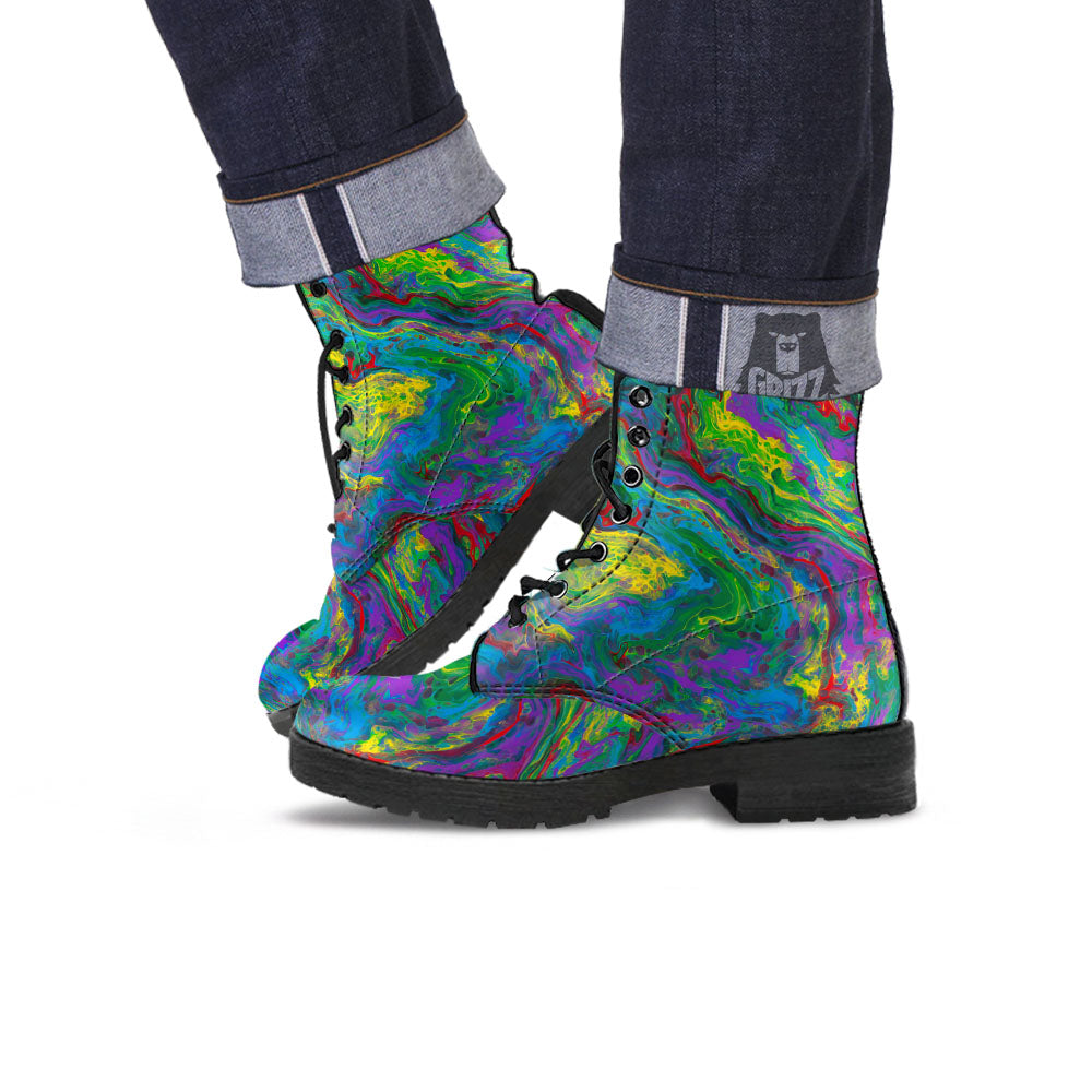 Psychedelic Abstract Print Leather Boots-grizzshop