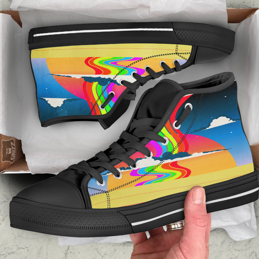Psychedelic And Gradient Sky Rainbow Print Black High Top Shoes-grizzshop