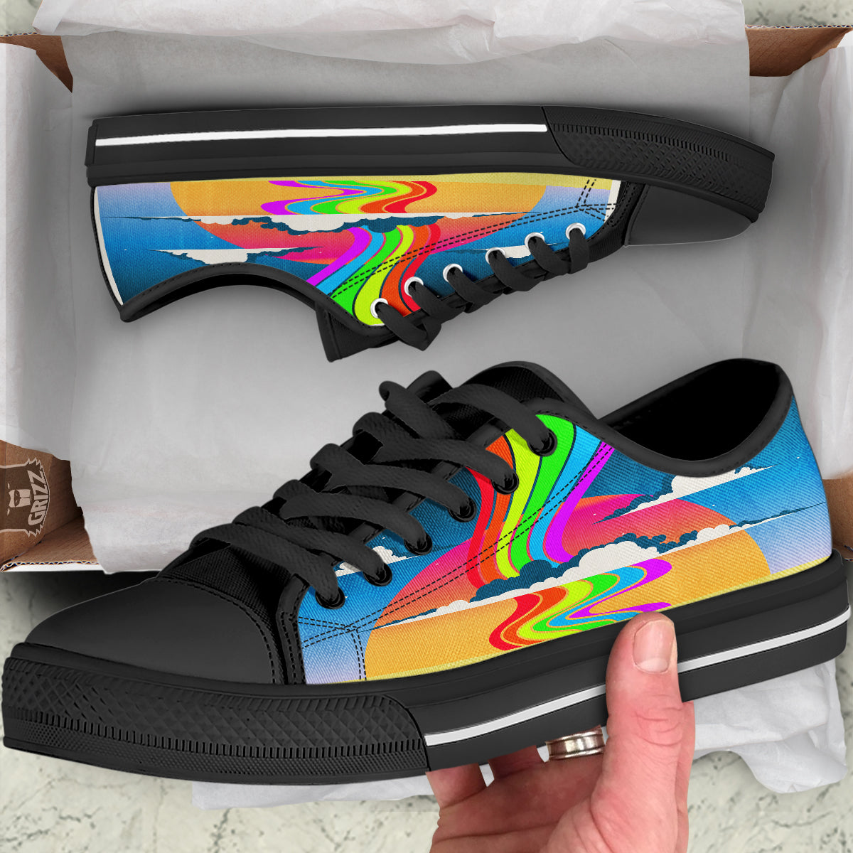 Psychedelic And Gradient Sky Rainbow Print Black Low Top Shoes-grizzshop