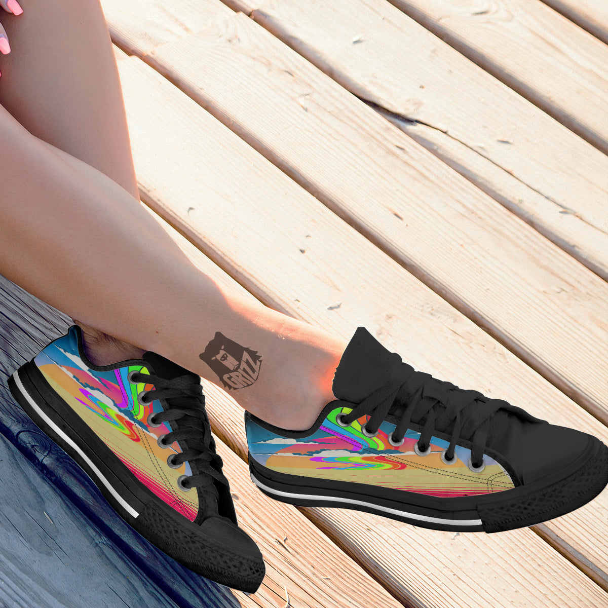 Psychedelic And Gradient Sky Rainbow Print Black Low Top Shoes-grizzshop