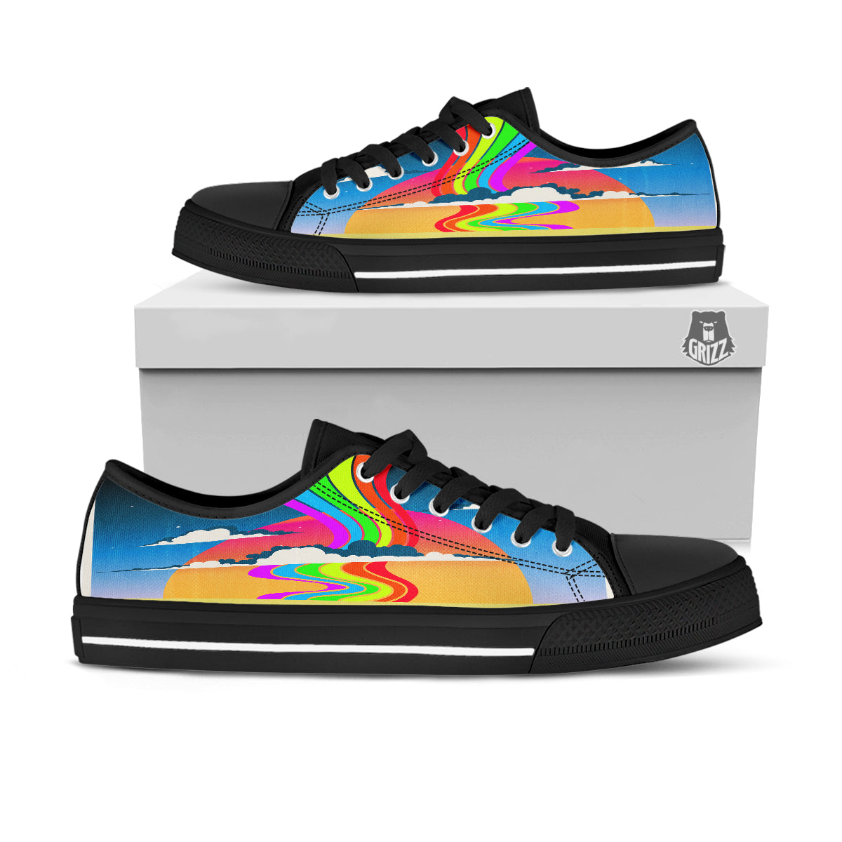 Psychedelic And Gradient Sky Rainbow Print Black Low Top Shoes-grizzshop