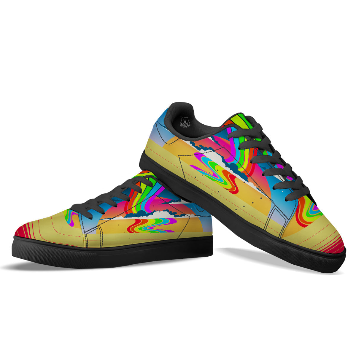 Psychedelic And Gradient Sky Rainbow Print Black Low Top Sneakers-grizzshop