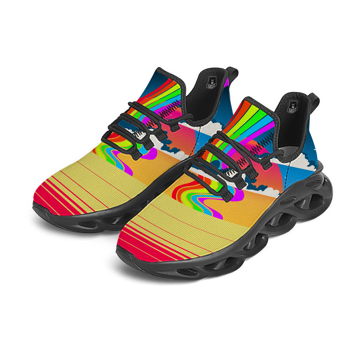 Psychedelic And Gradient Sky Rainbow Print Black Running Shoes-grizzshop