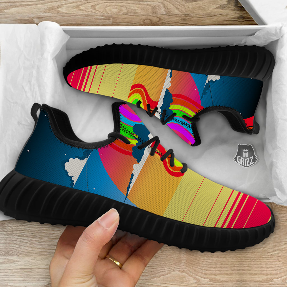 Psychedelic And Gradient Sky Rainbow Print Black Walking Shoes-grizzshop