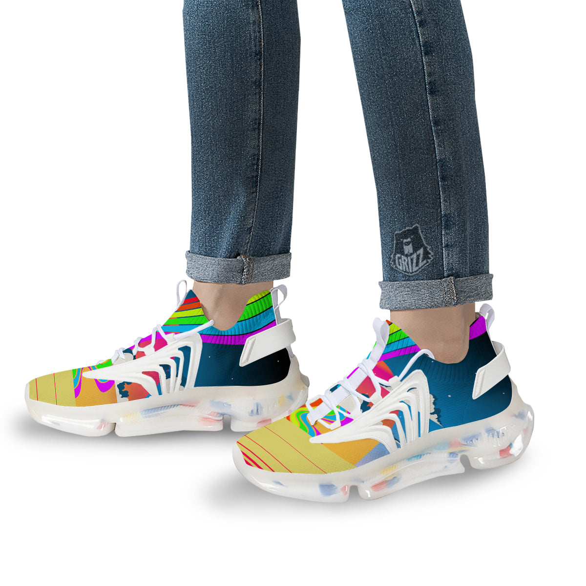 Psychedelic And Gradient Sky Rainbow Print White Gym Shoes-grizzshop