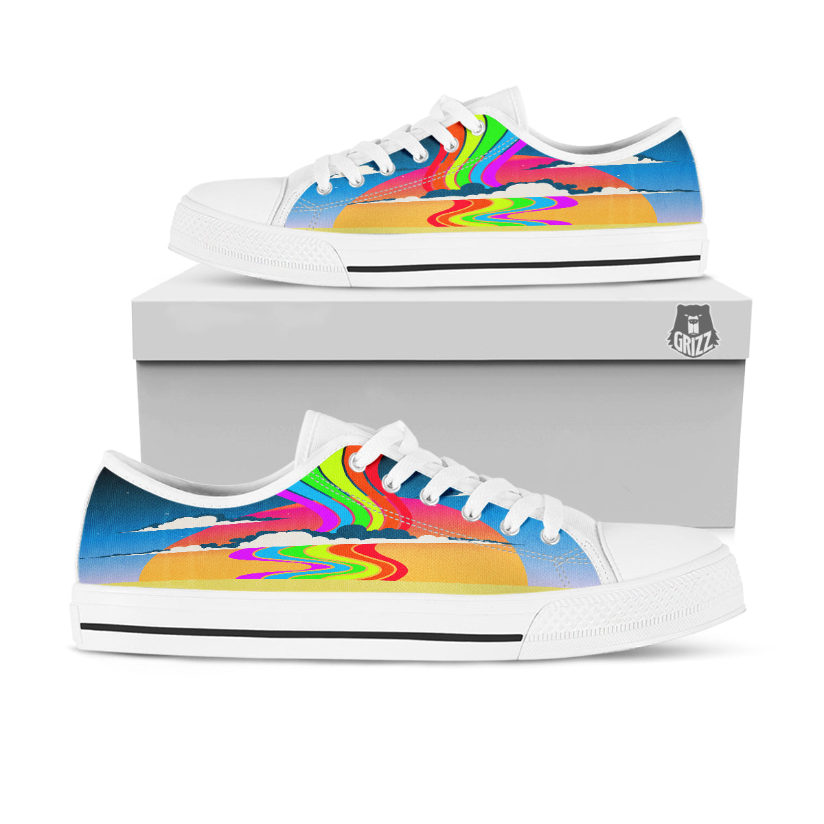 Psychedelic And Gradient Sky Rainbow Print White Low Top Shoes-grizzshop