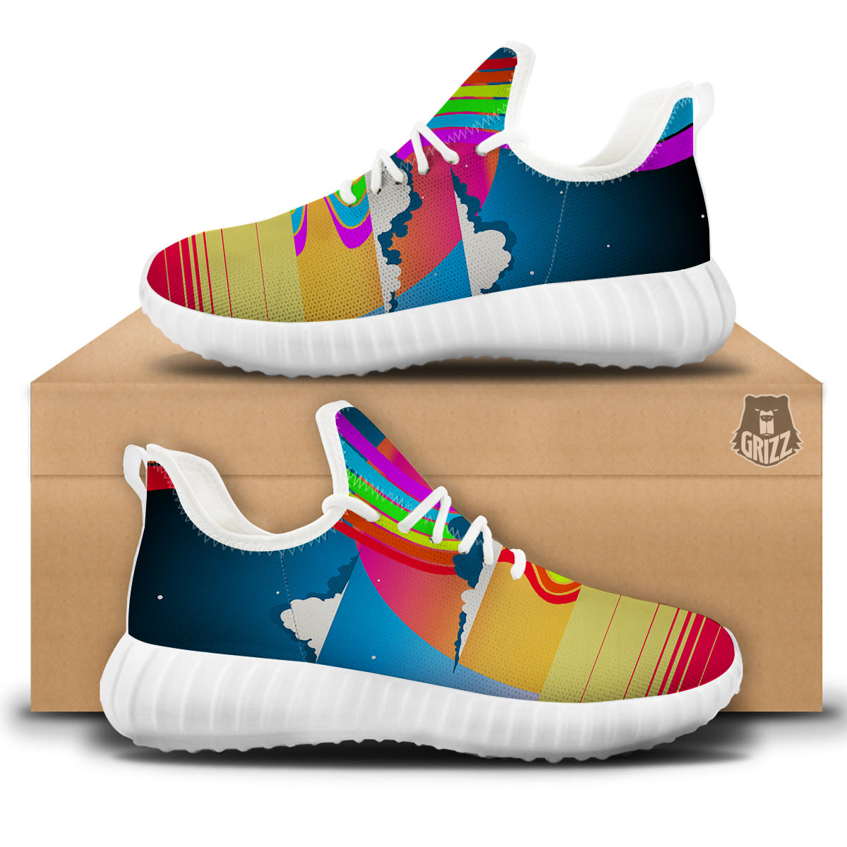 Psychedelic And Gradient Sky Rainbow Print White Walking Shoes-grizzshop
