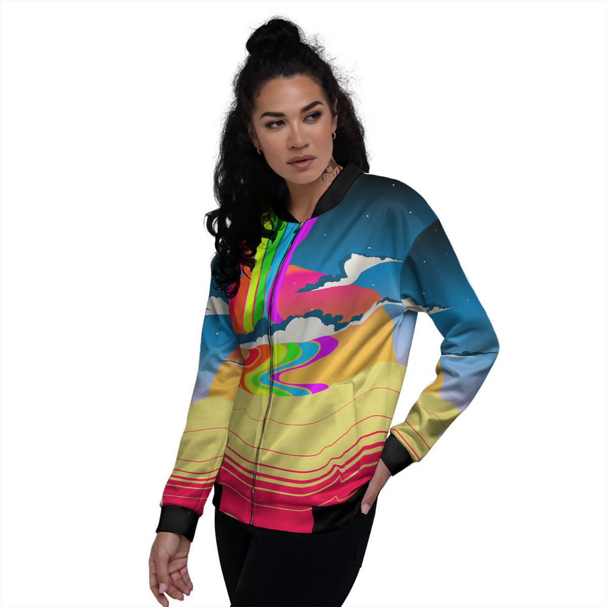 Psychedelic And Gradient Sky Rainbow Print Women's Bomber Jacket-grizzshop