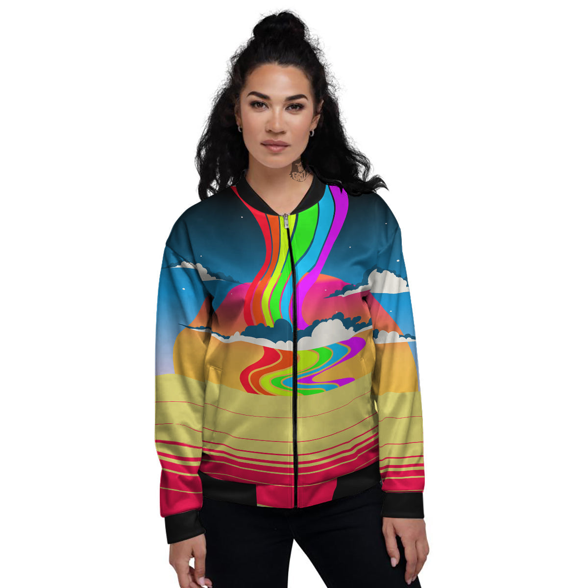 Psychedelic And Gradient Sky Rainbow Print Women's Bomber Jacket-grizzshop