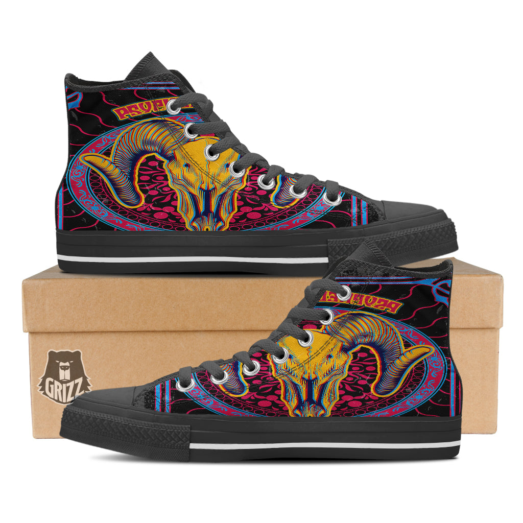 Psychedelic And Ram Skull Print Black High Top Shoes-grizzshop