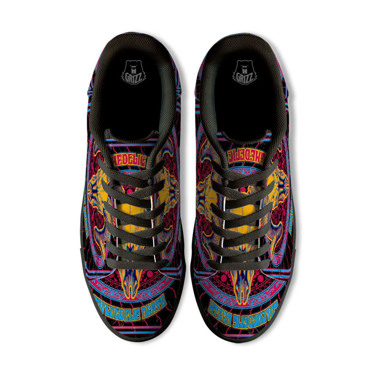 Psychedelic And Ram Skull Print Black Low Top Sneakers-grizzshop