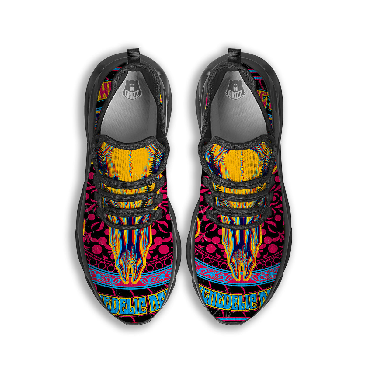 Psychedelic And Ram Skull Print Black Running Shoes-grizzshop