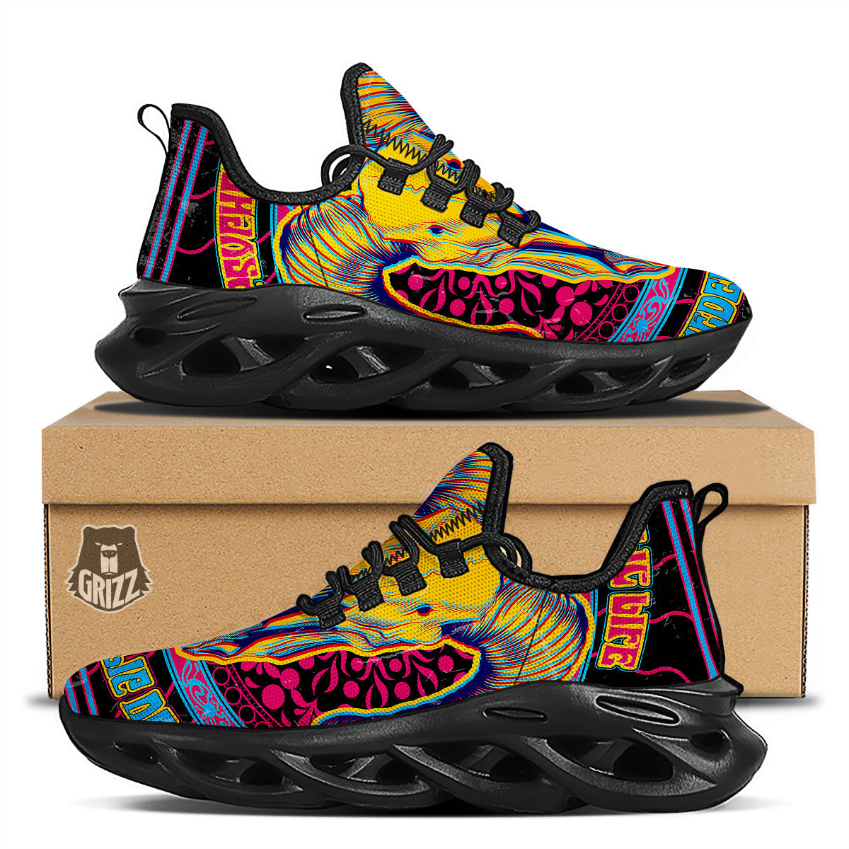 Psychedelic And Ram Skull Print Black Running Shoes-grizzshop