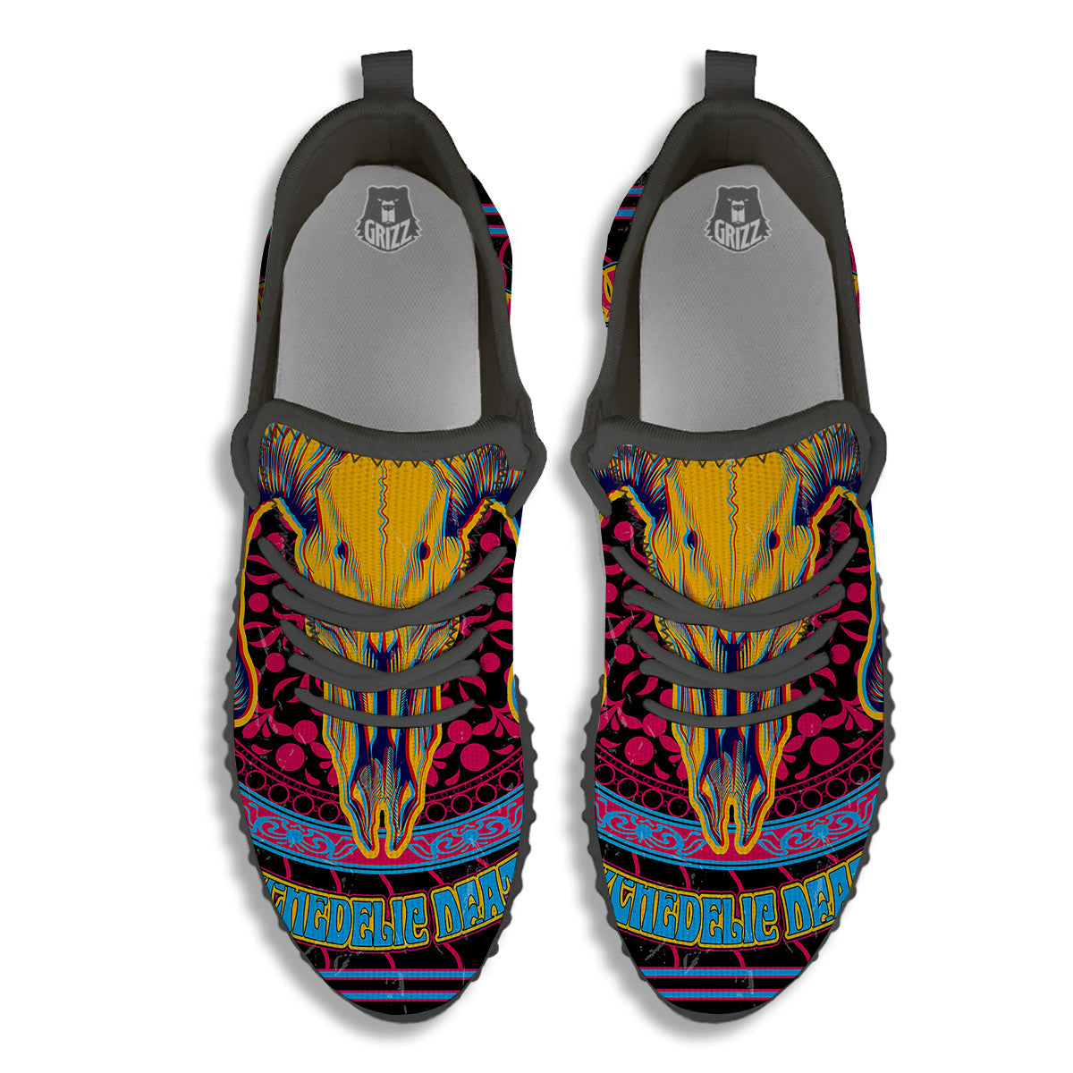 Psychedelic And Ram Skull Print Black Walking Shoes-grizzshop