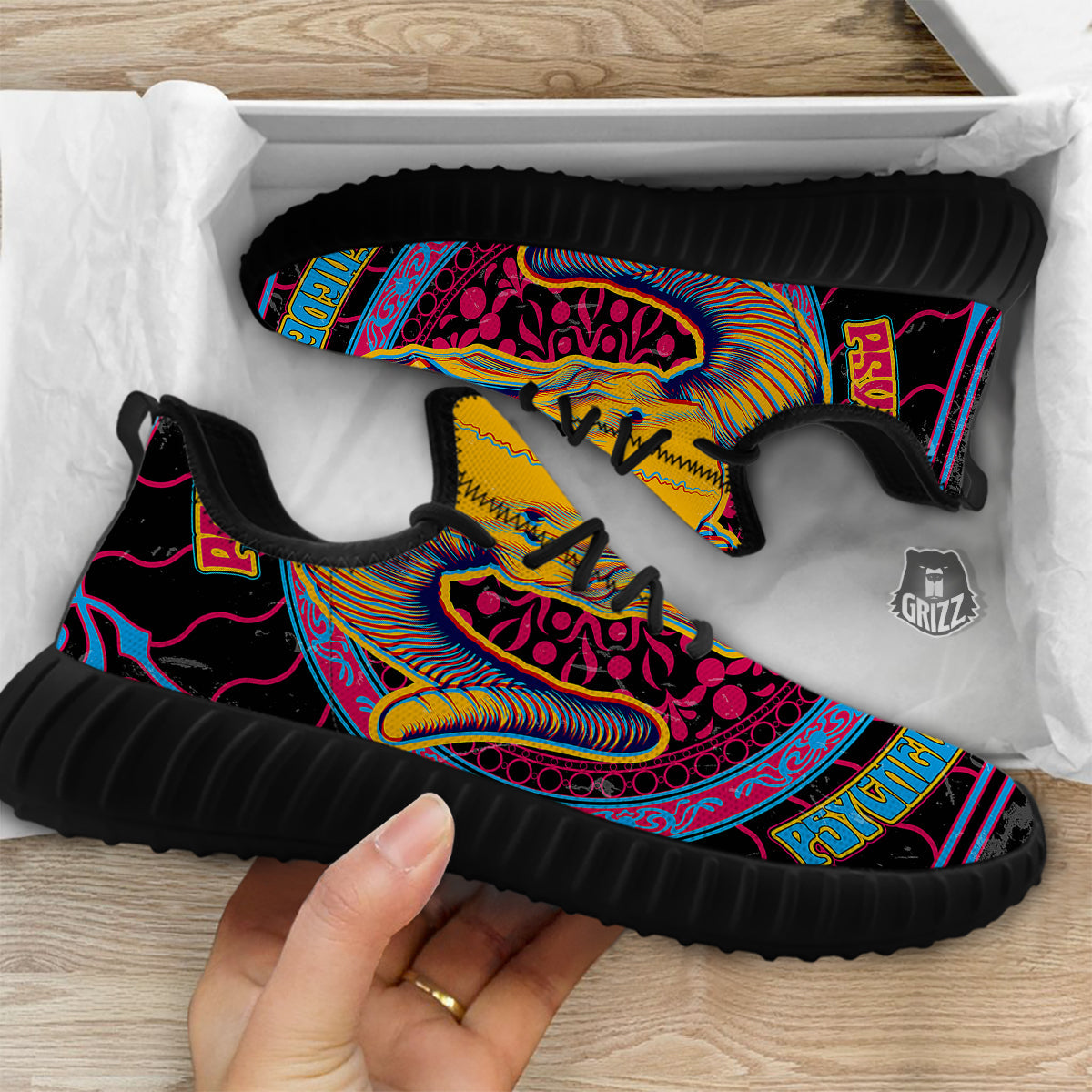 Psychedelic And Ram Skull Print Black Walking Shoes-grizzshop
