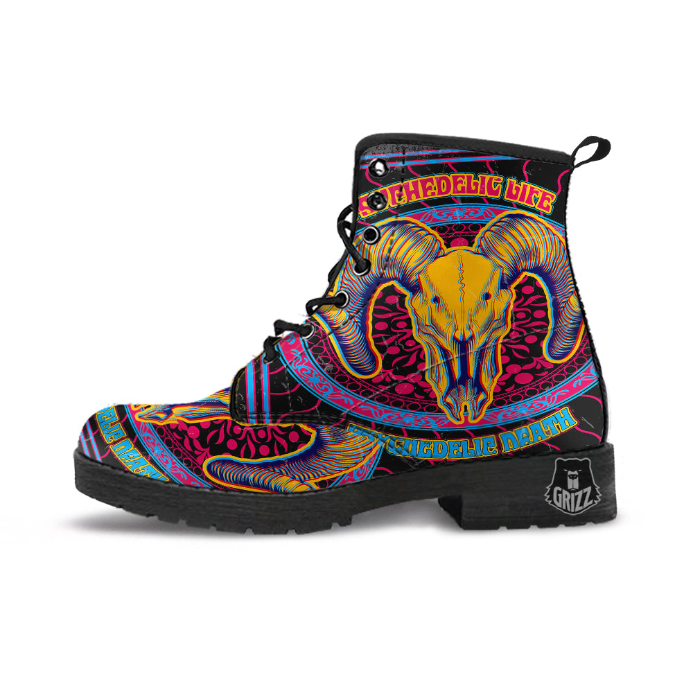Psychedelic And Ram Skull Print Leather Boots-grizzshop