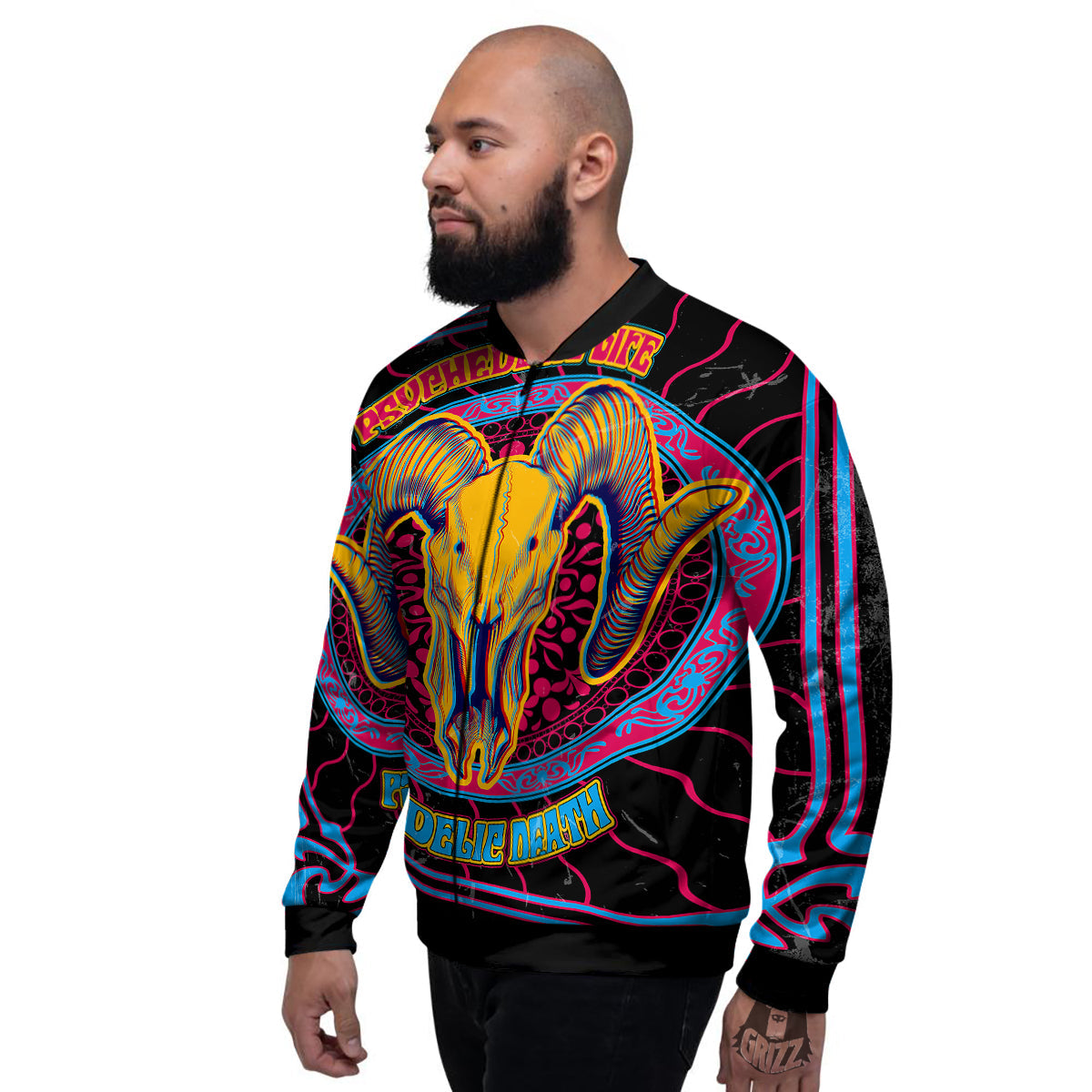 Psychedelic And Ram Skull Print Men's Bomber Jacket-grizzshop