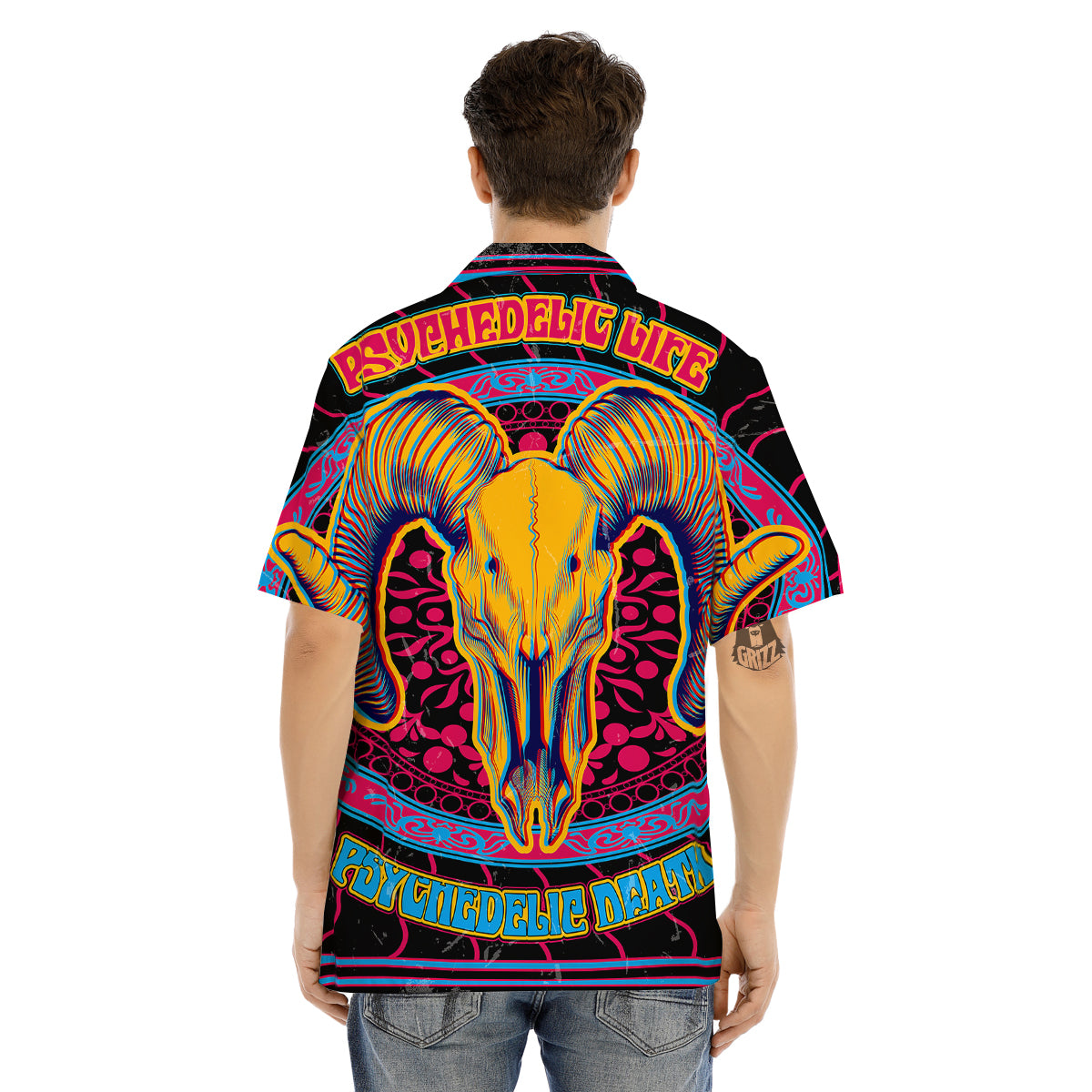 Psychedelic And Ram Skull Print Men's Hawaiian Shirt-grizzshop