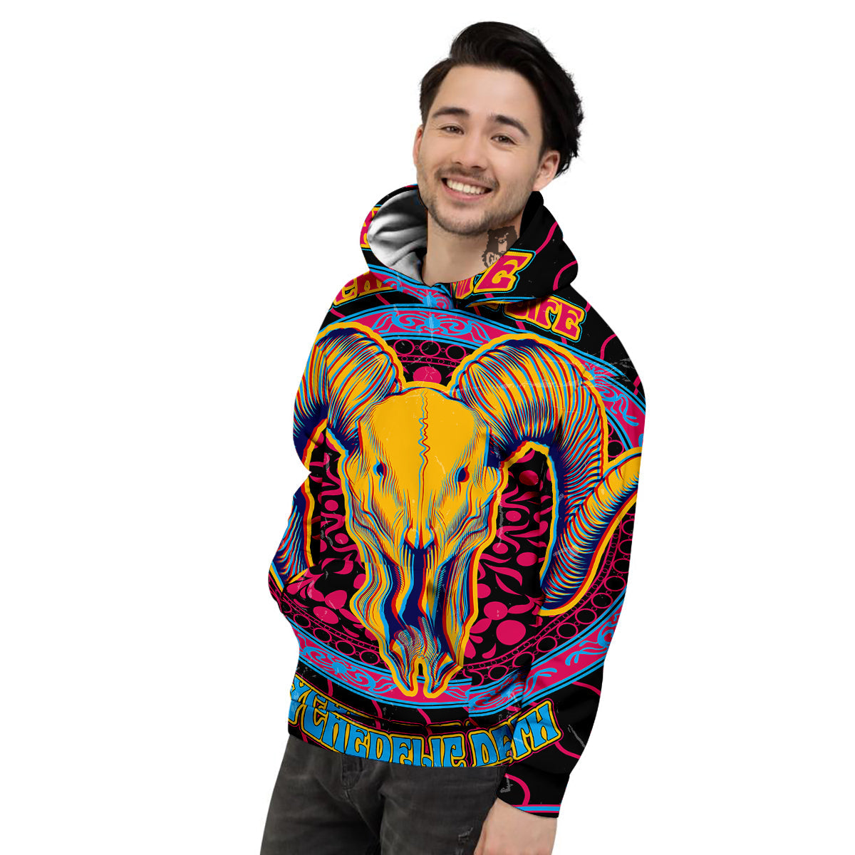 Psychedelic And Ram Skull Print Men's Hoodie-grizzshop