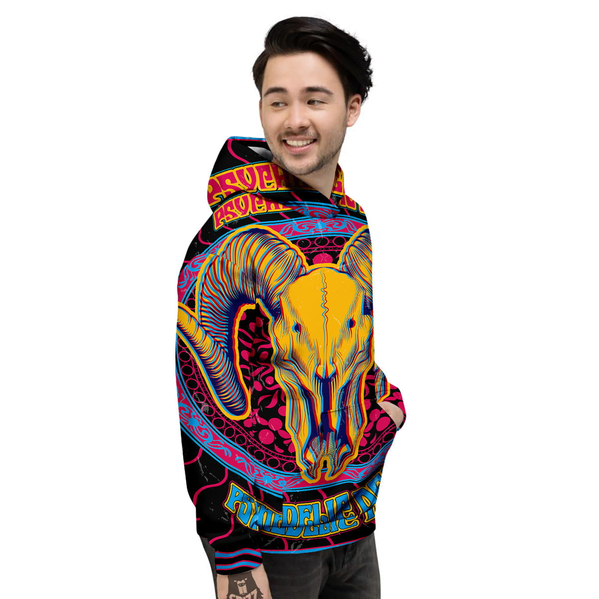 Psychedelic And Ram Skull Print Men's Hoodie-grizzshop