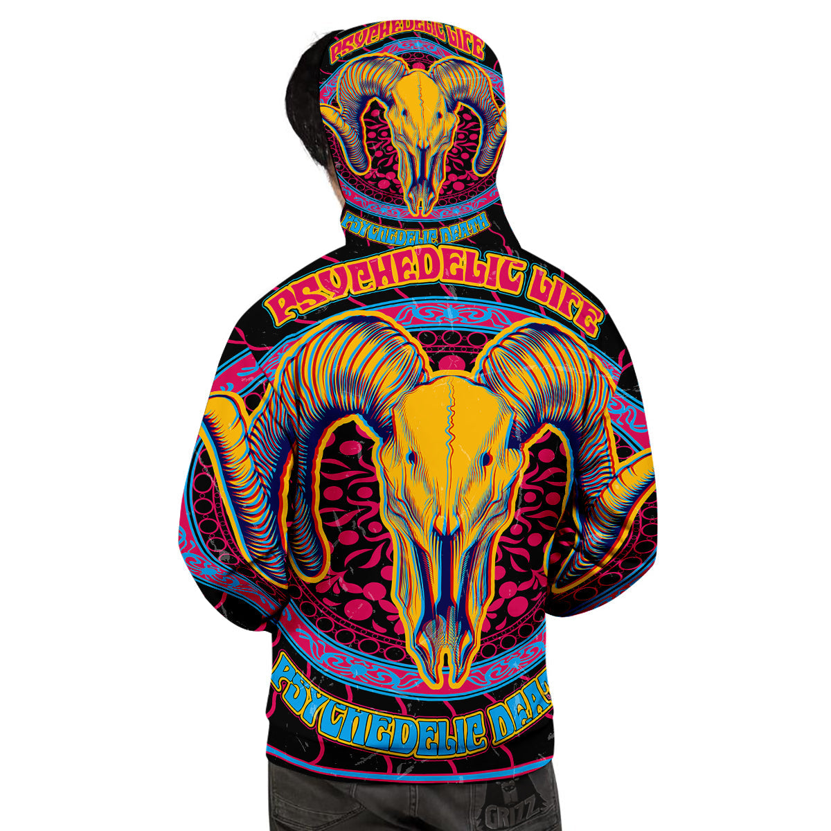 Psychedelic And Ram Skull Print Men's Hoodie-grizzshop