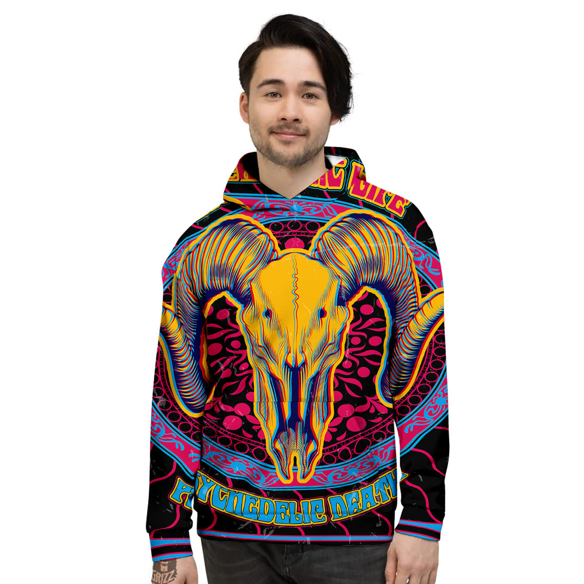 Psychedelic And Ram Skull Print Men's Hoodie-grizzshop