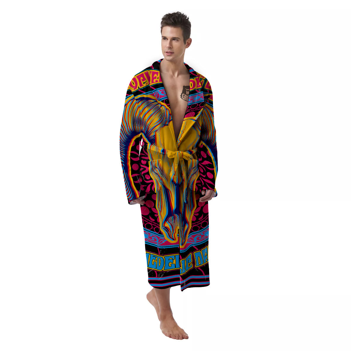 Psychedelic And Ram Skull Print Men's Robe-grizzshop