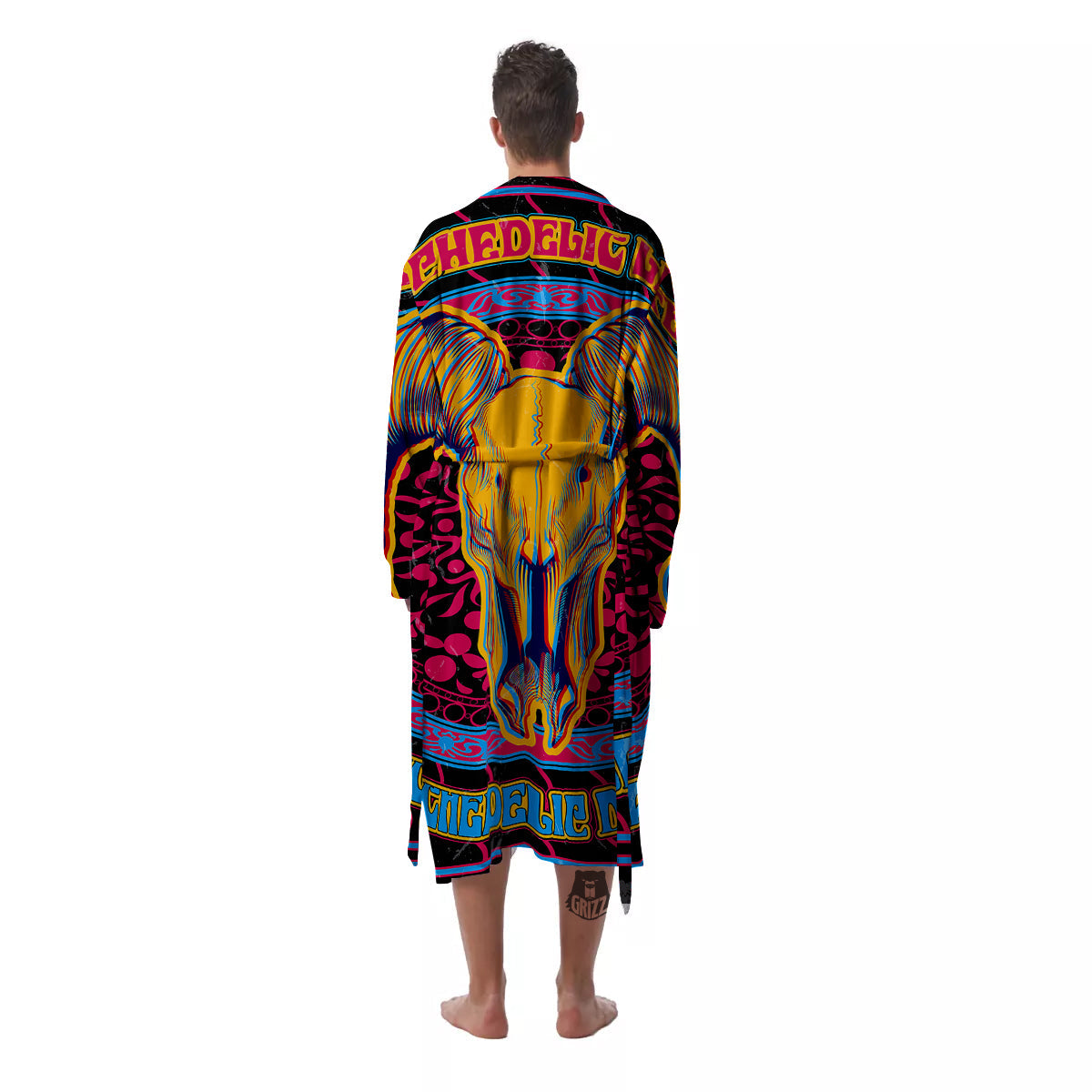 Psychedelic And Ram Skull Print Men's Robe-grizzshop