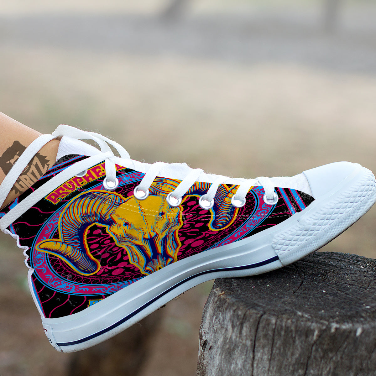 Psychedelic And Ram Skull Print White High Top Shoes-grizzshop