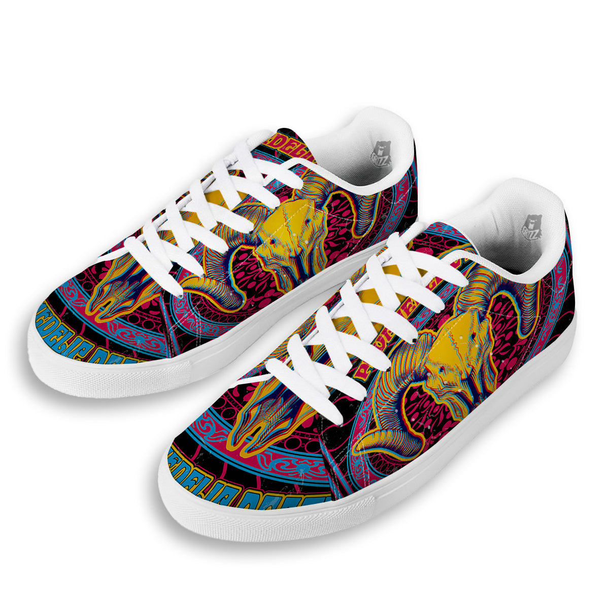 Psychedelic And Ram Skull Print White Low Top Sneakers-grizzshop
