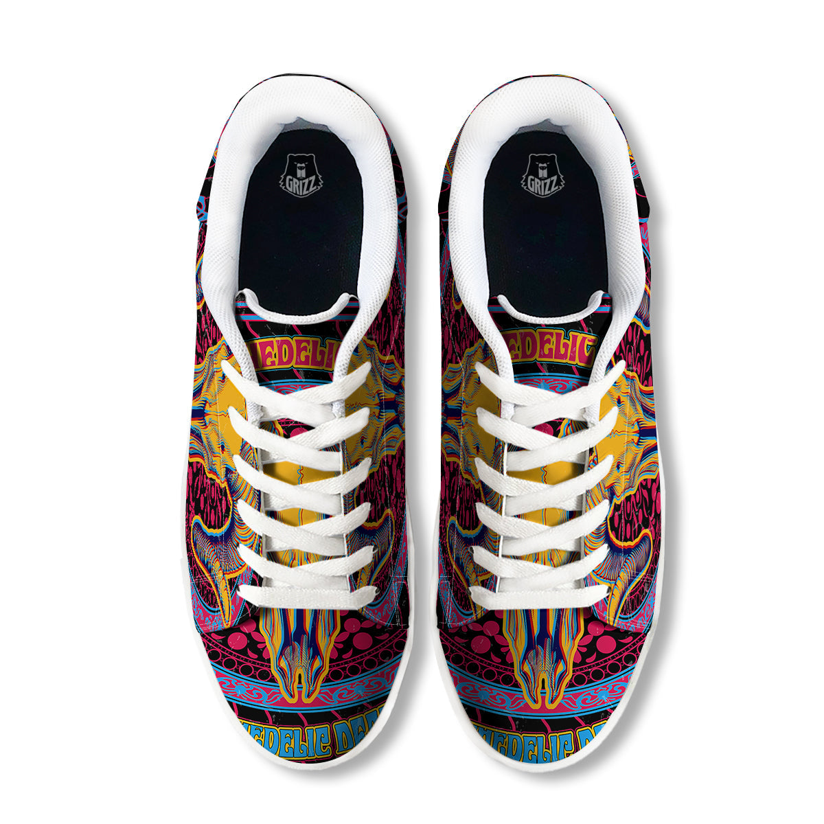 Psychedelic And Ram Skull Print White Low Top Sneakers-grizzshop